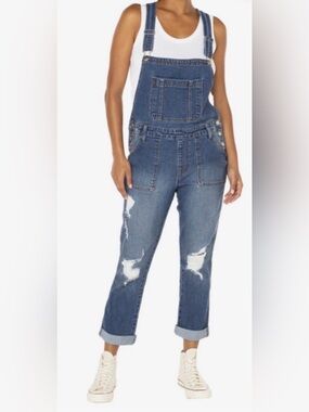 Celebrity Pink Distressed Blue Denim Overalls